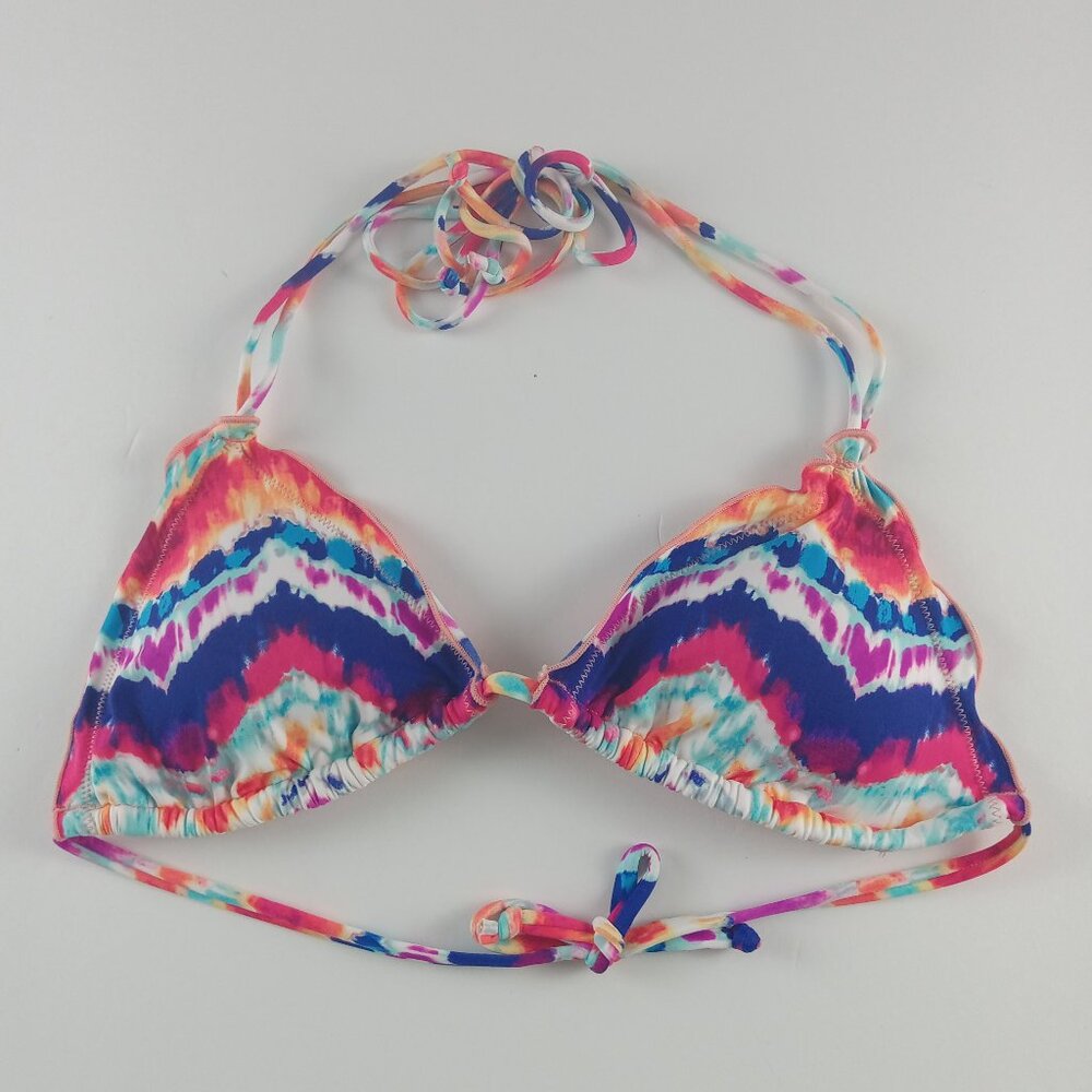 Hobie Ruffle Trim Triangle Bikini Top Women's Size Medium Chevron Tie Dye Swim
